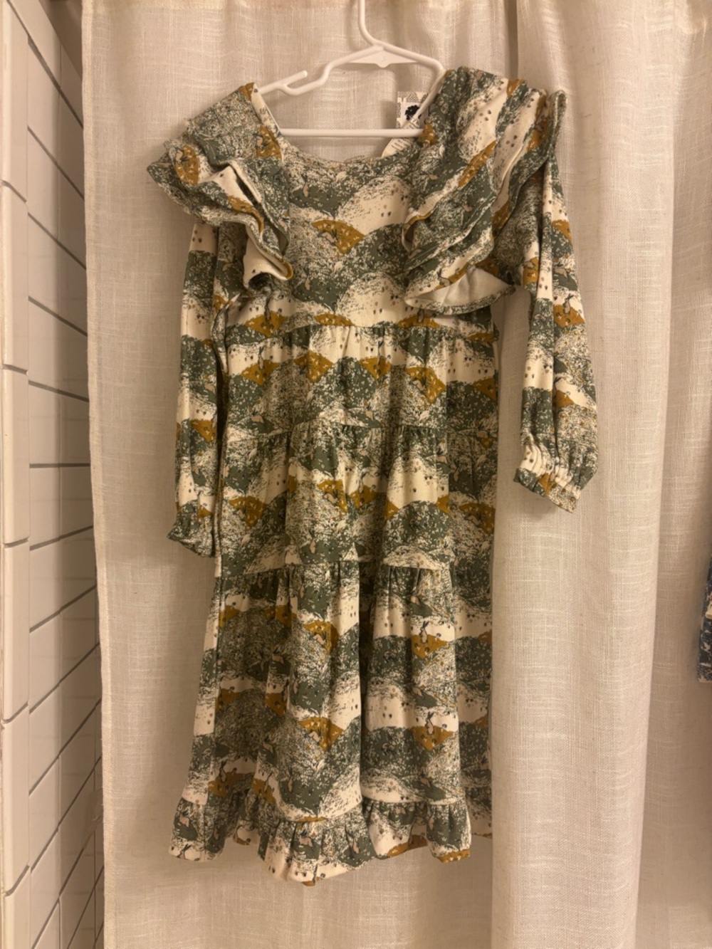 kate quinn Olive Green and Cream Ruffle Tiered Midi Dress